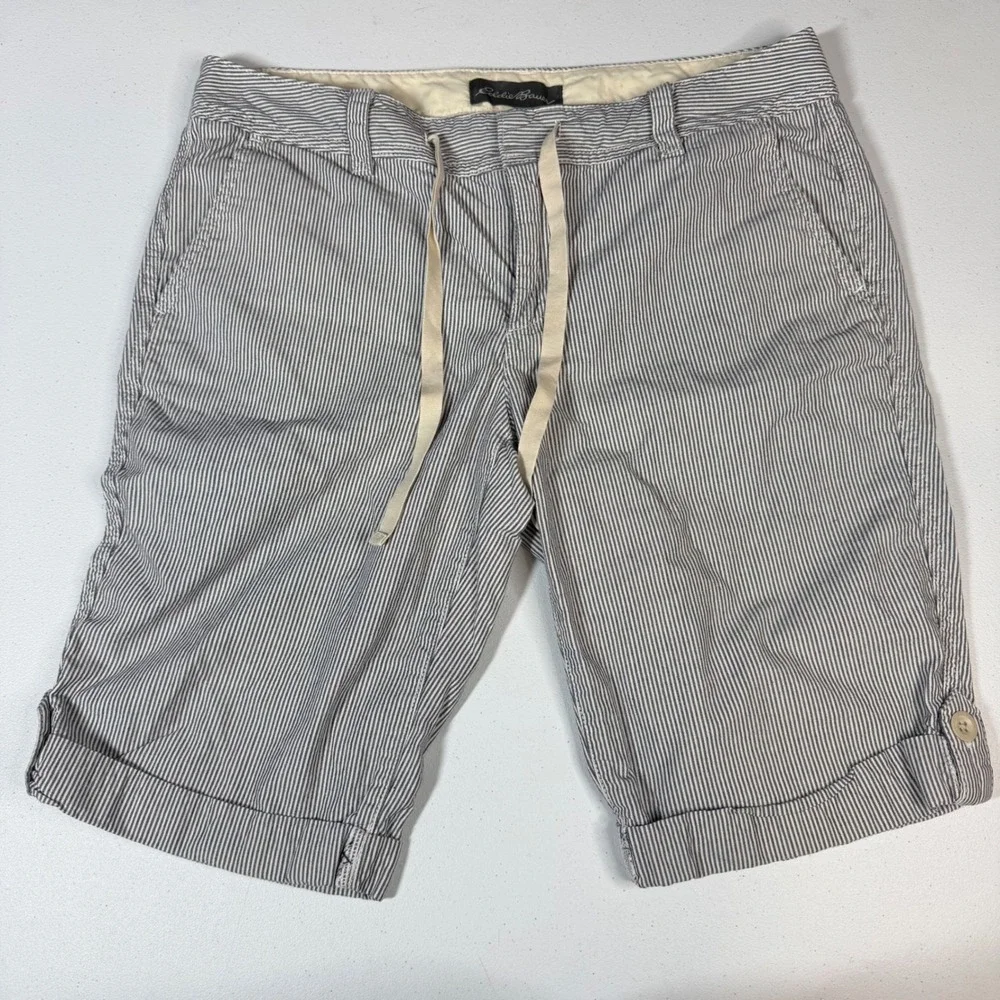 Eddie Bauer Bermuda Shorts 8 Blue White Striped Cuffed Drawstring - Picture 1 of 6